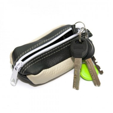 Ключница SF на молнии Кожаная Бежево-Черная Skg-10072