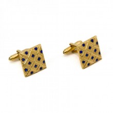 Квадратные Запонки SF Золотистые В Ромбики С Синими Камушками Zph-1261